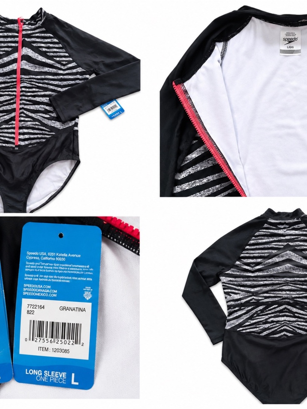 Speedo Black and White Zebra-Print Long-Sleeve One-Piece with Pink Zip